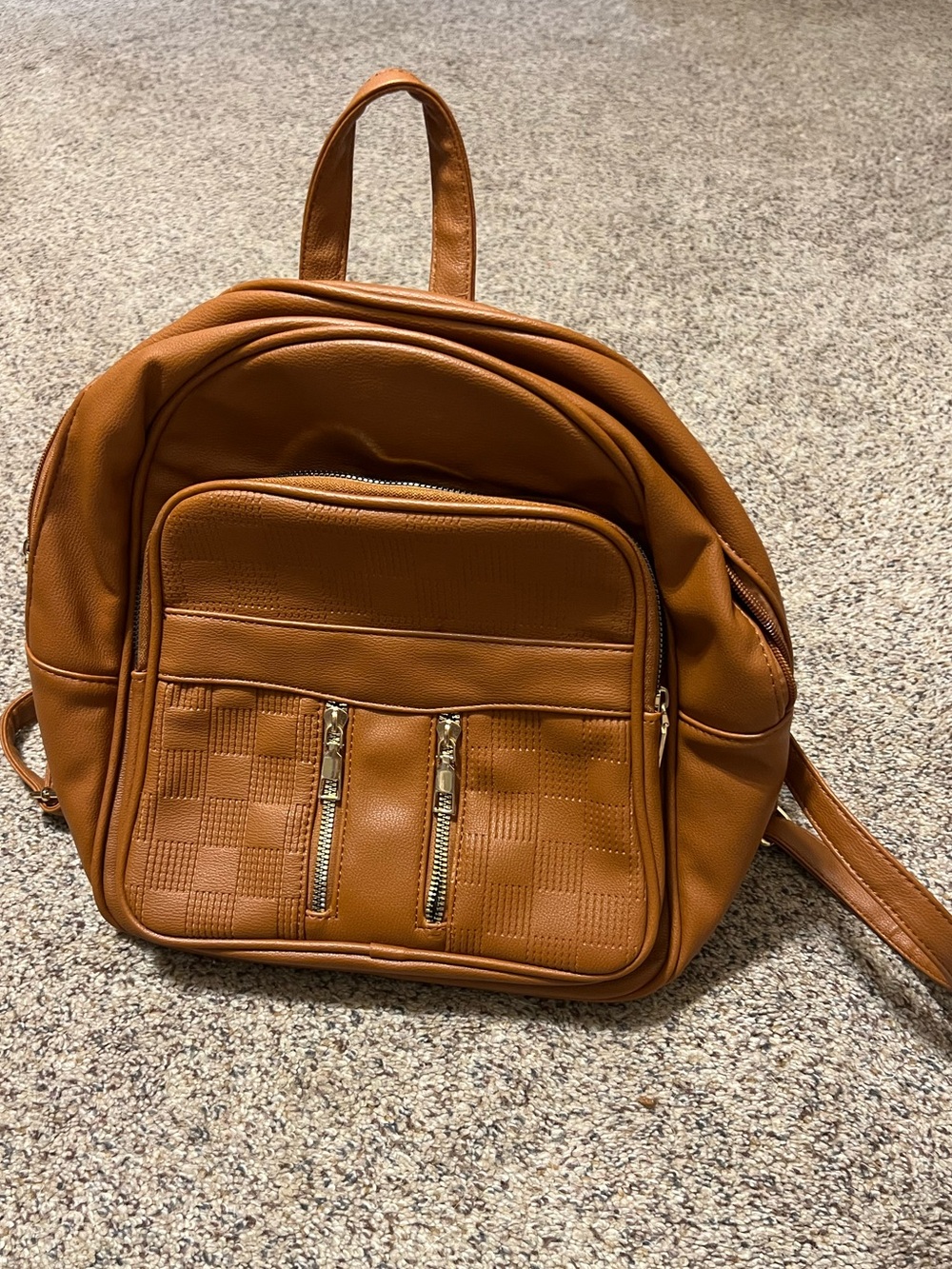 Cognac Brown Faux Leather Mini Backpack Checked Embossed Detail